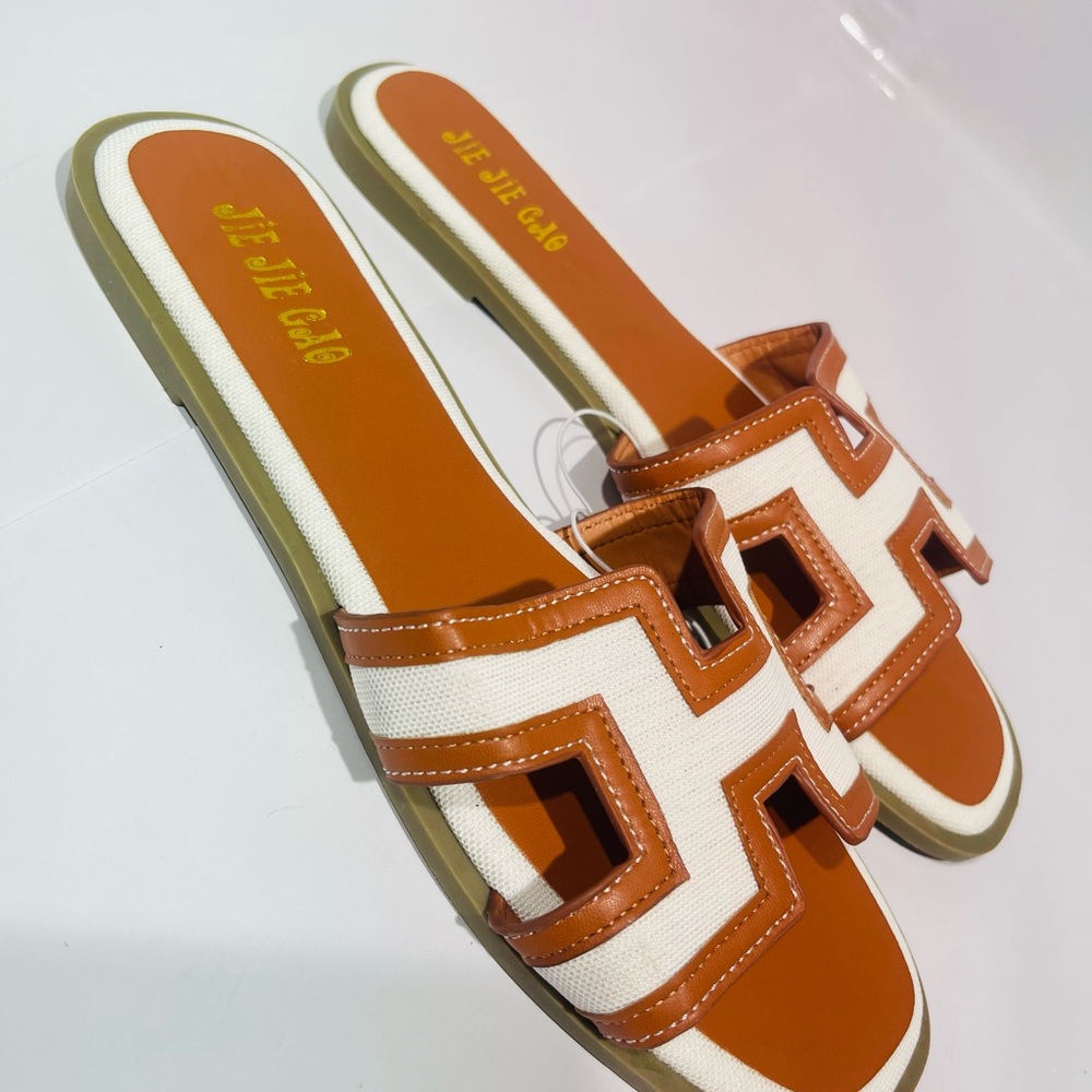 Women's Tan and White Sandals